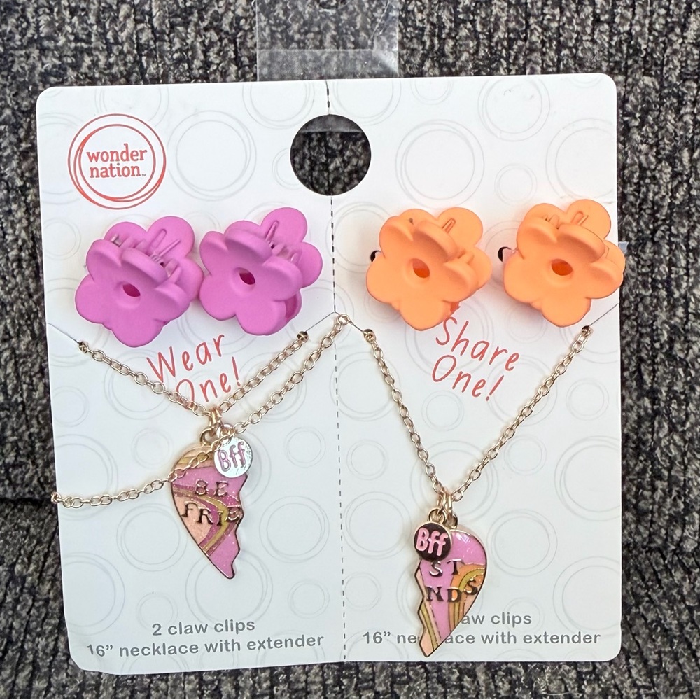 Wonder Nation Girls' BFF Flower Claw Clips and Pink/Orange BFF Necklace Set
